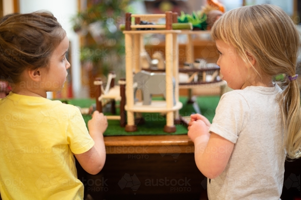 Two girls playing with construction - Australian Stock Image