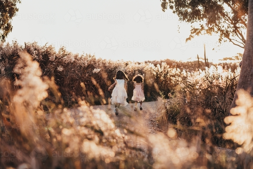 two girls running through grass - Australian Stock Image