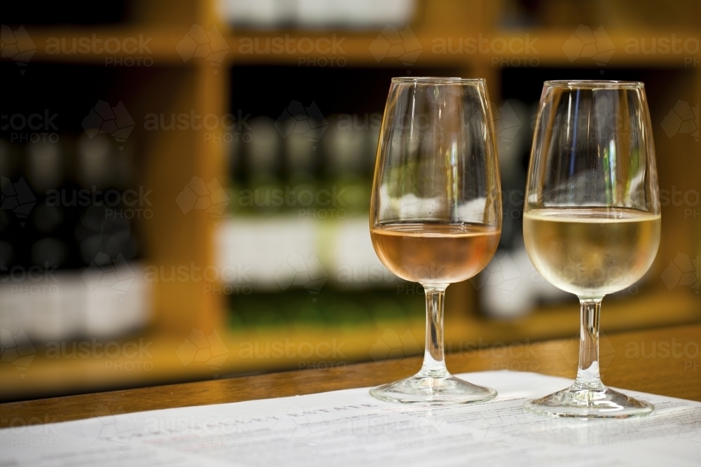 Two glasses of wine at wine tasting event - Australian Stock Image