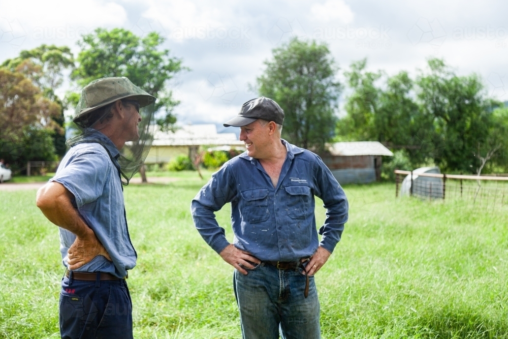 Two happy men talking together in a farm paddock - Australian Stock Image