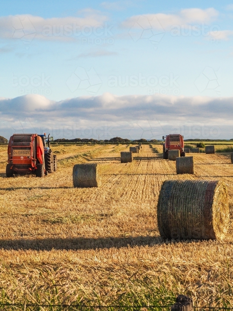 Two harvesters making hale bales in the sunshine - Australian Stock Image