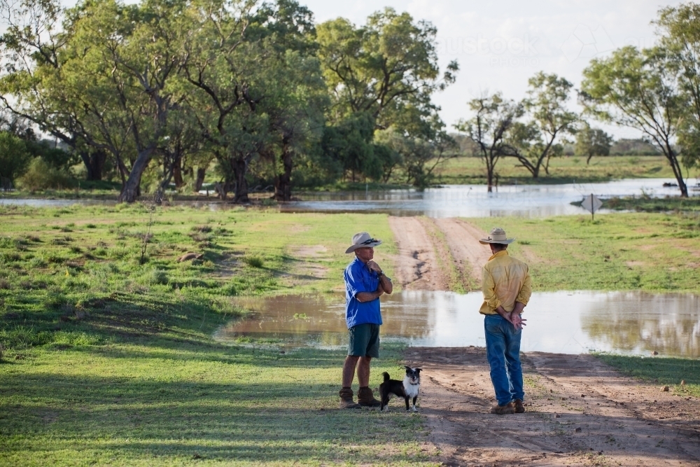 Two men talking at flooded creek with dog - Australian Stock Image