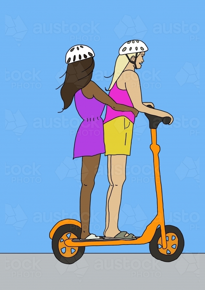 Two mixed race young women riding orange  electric scooter together with blue background - Australian Stock Image