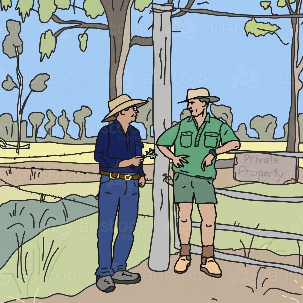Two pastoralists chatting at farm gate - Australian Stock Image