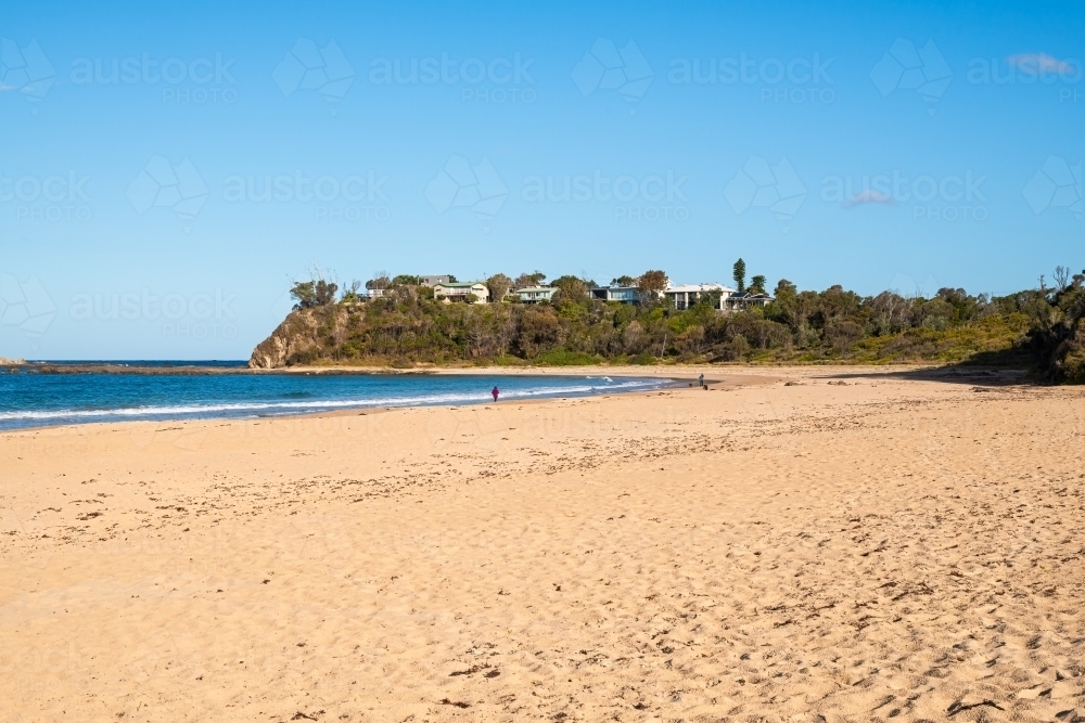 Two people and dogs walking on a beach on south coast of NSW - Australian Stock Image