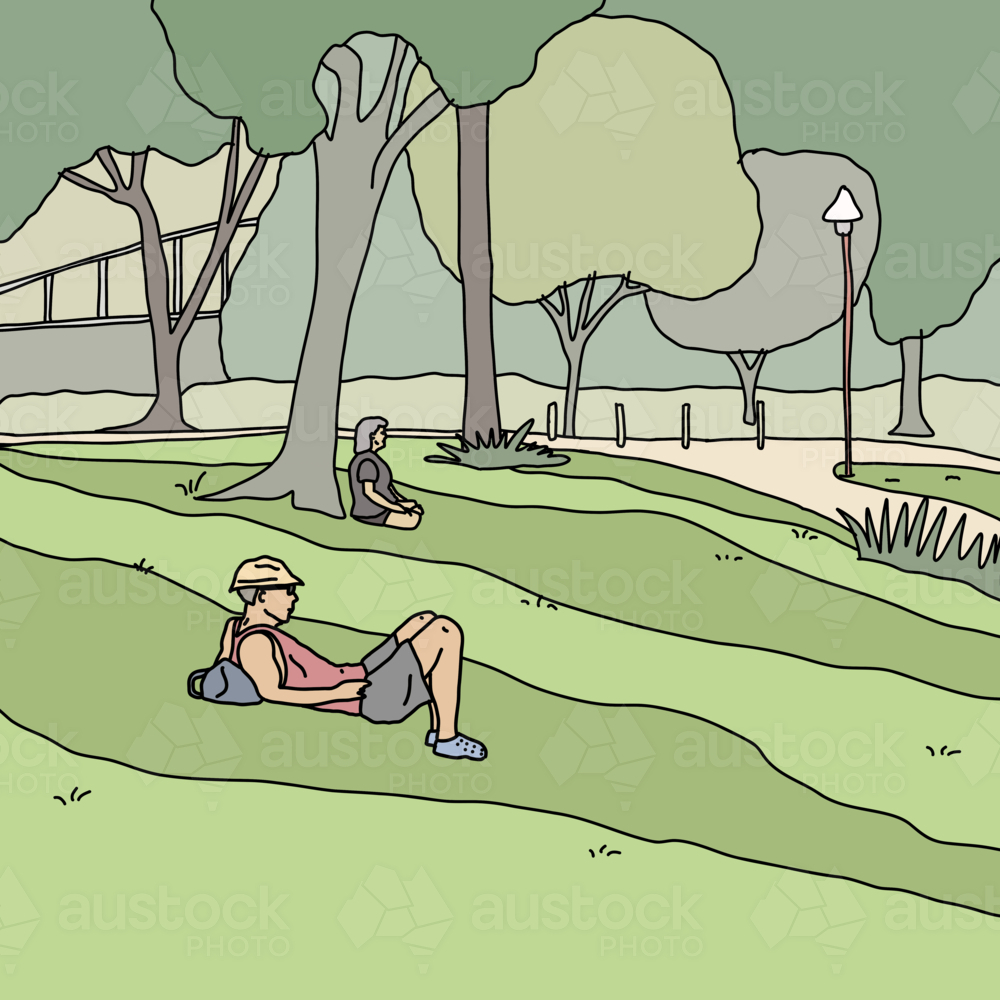 Two people relaxing beneath trees on green grassy slope in park - Australian Stock Image