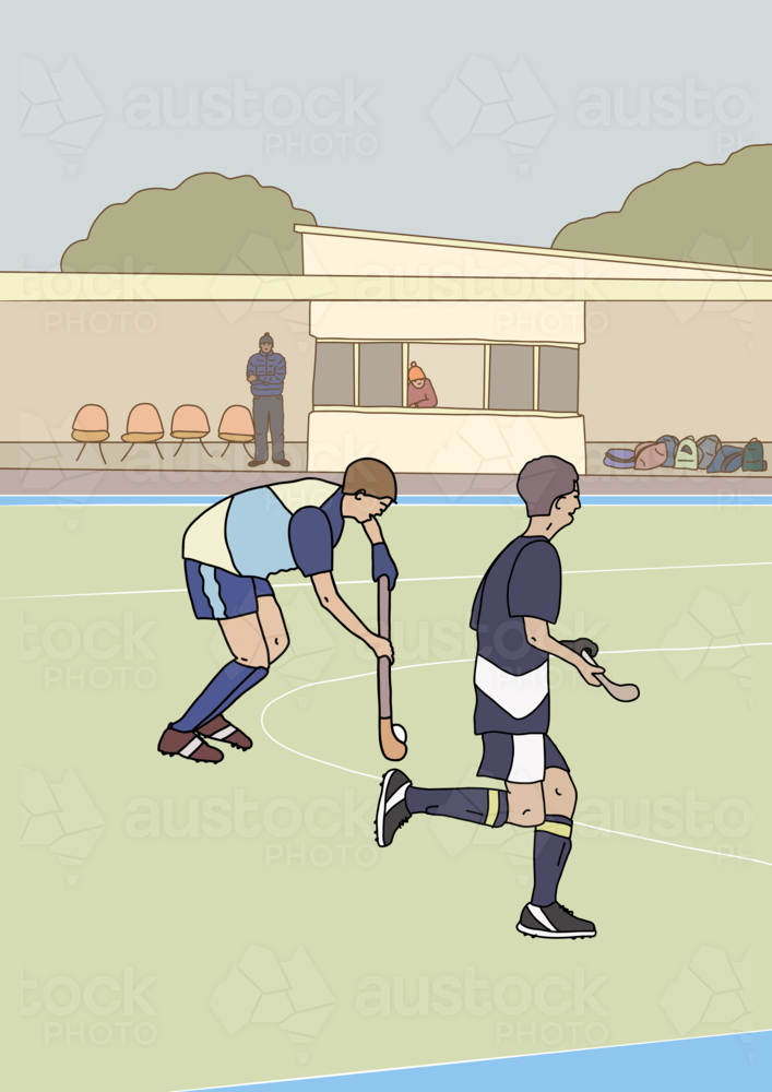 Two teenage boys playing competitive hockey on field - Australian Stock Image