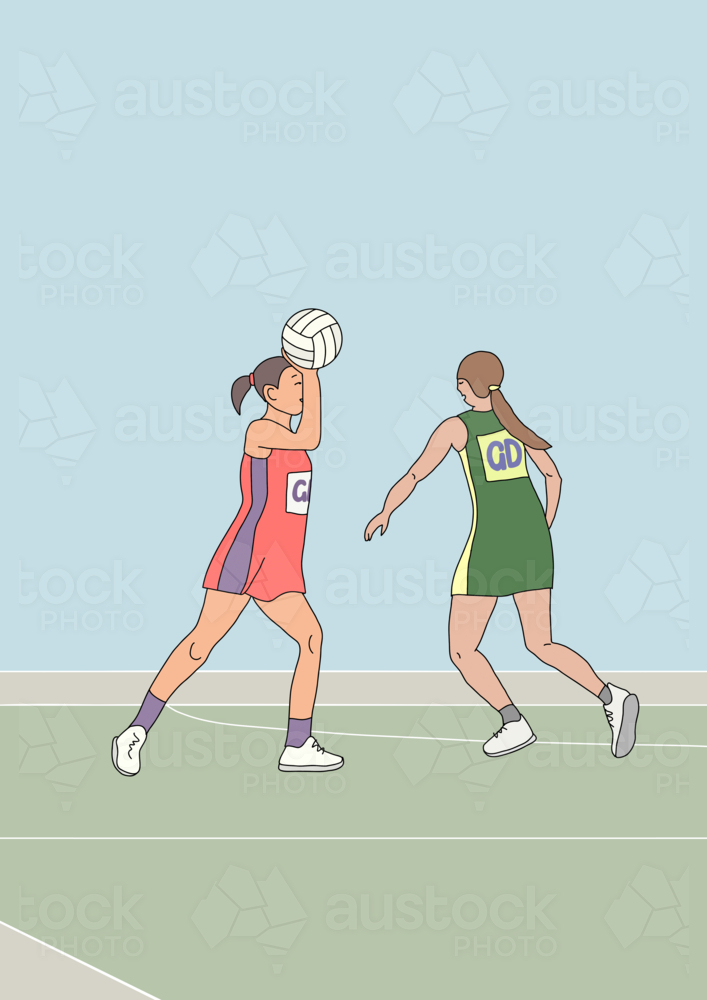 Two women in action on netball court on game day - Australian Stock Image