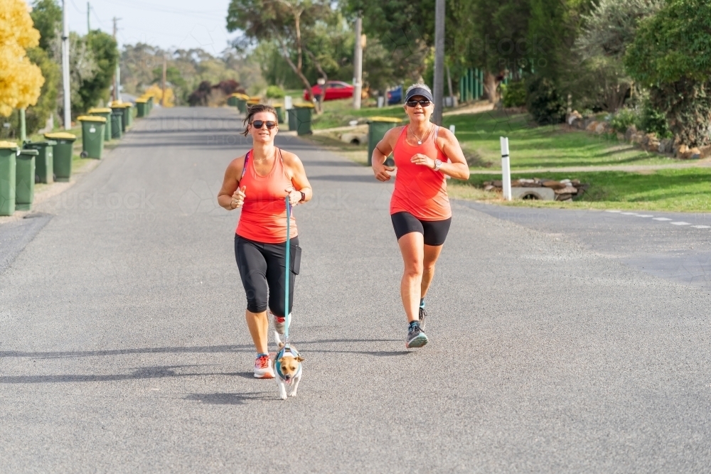 Two women running with a small dog on a neighbourhood street lined with recycle bins - Australian Stock Image