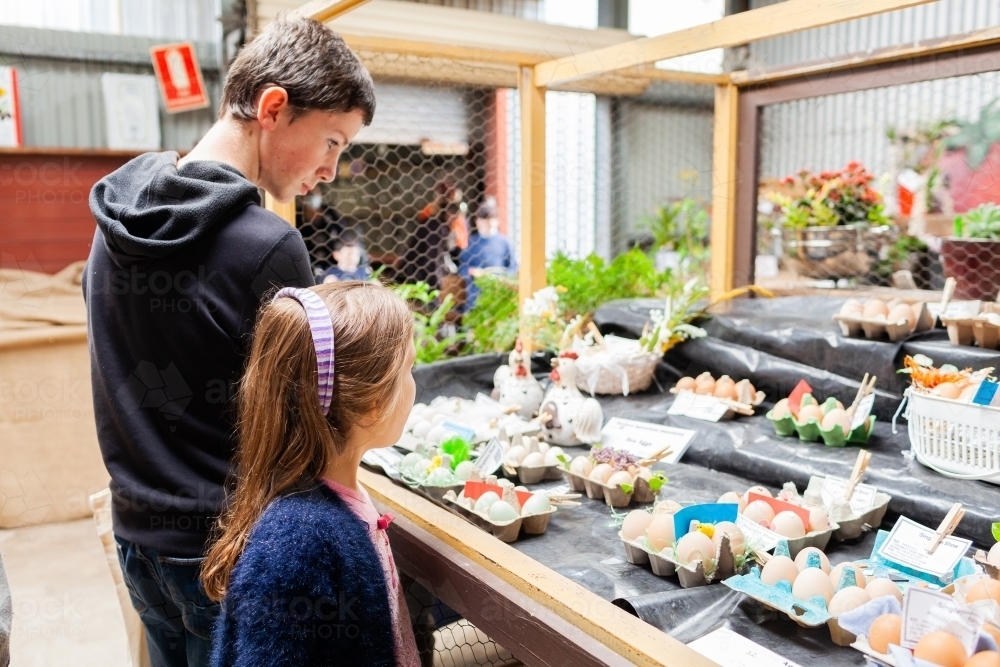 Two young country kids looking at egg exhibition at country show - Australian Stock Image