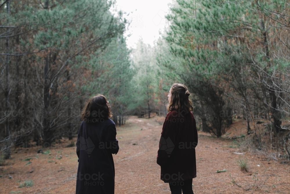 Two Young girls exploring in a forest from behind - Australian Stock Image