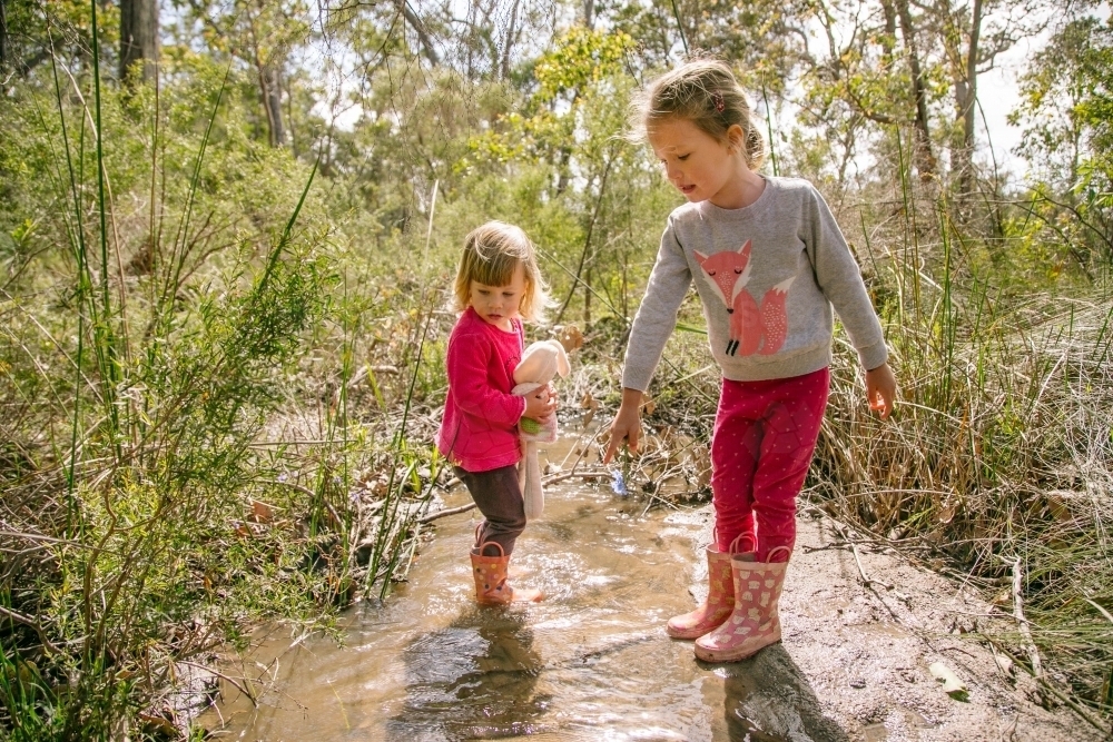 Two young girls play in the bush - Australian Stock Image