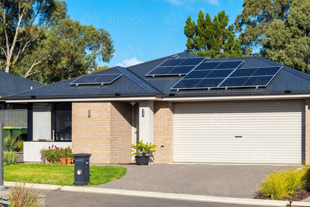 Typical new residential property with solar panels in South Australia - Australian Stock Image