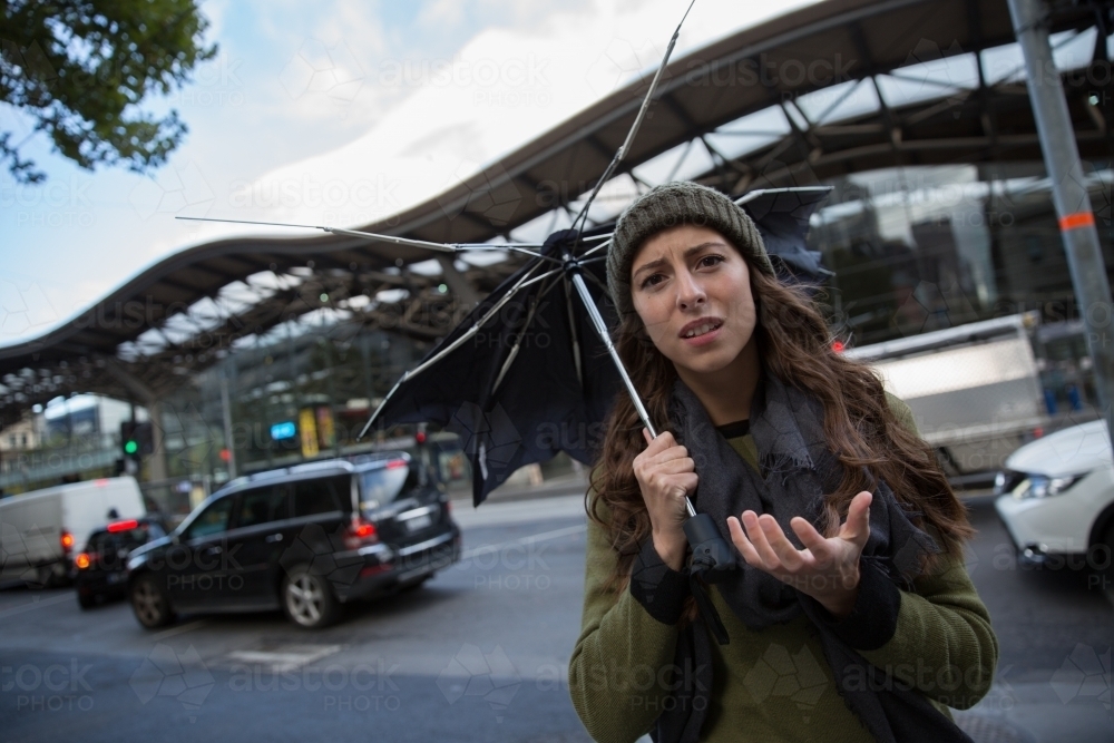 Umbrella Issues in Melbourne Weather - Australian Stock Image