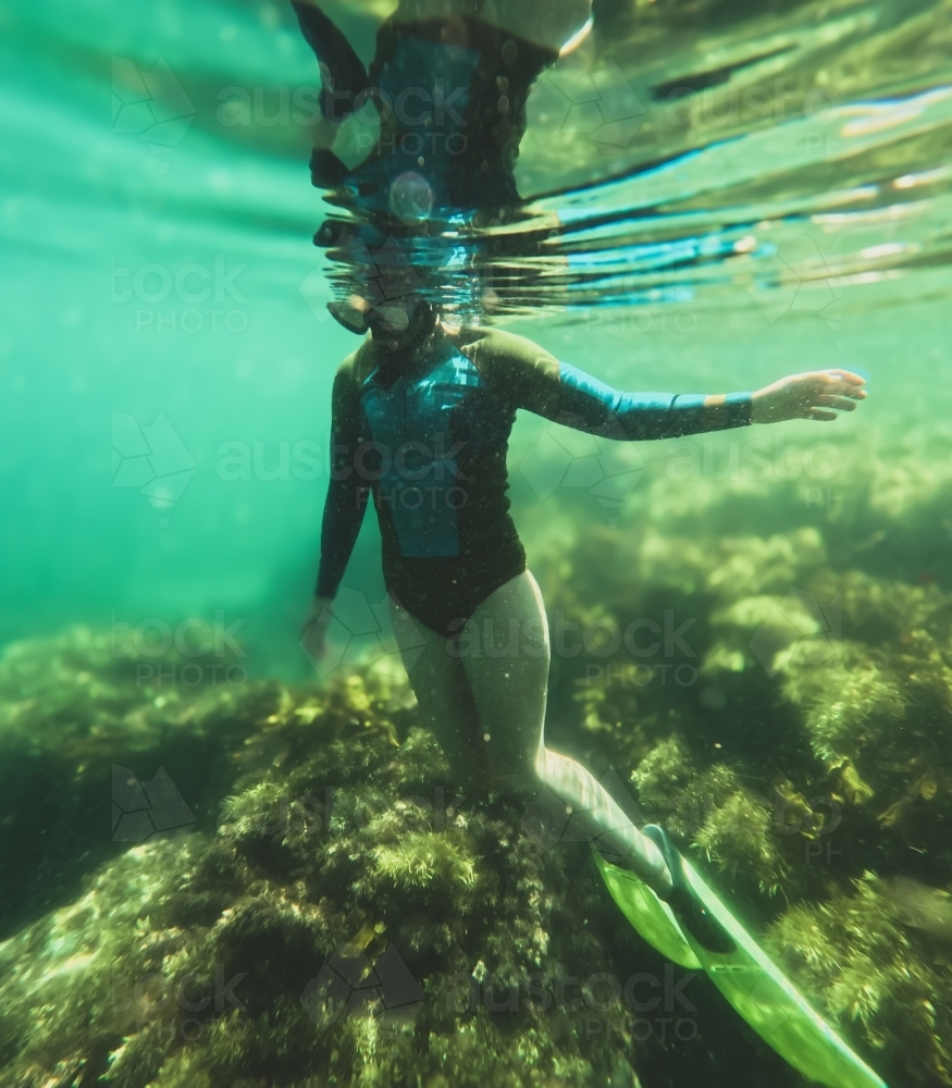 Underwater, female snorkelling in upright position wearing fins and rash vest, reef in background - Australian Stock Image