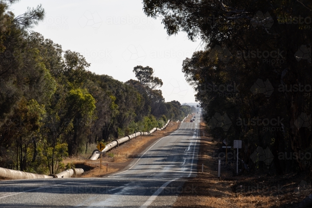 undulating road and water supply pipeline bordered by bush - Australian Stock Image