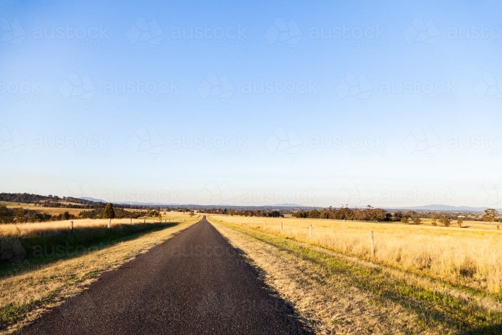 Unmarked rural country road through paddocks of long brown grass - Australian Stock Image