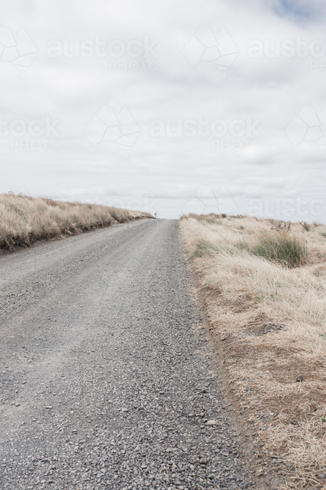 Unsealed road with dry grasses and cloudy sky - vertical - Australian Stock Image