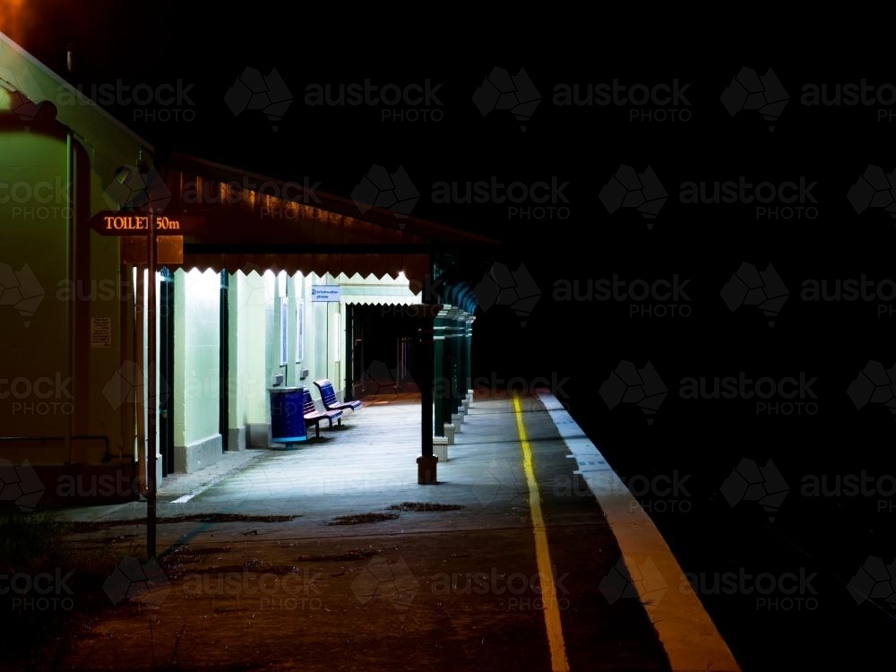Uralla Railway Station platform at night - Australian Stock Image