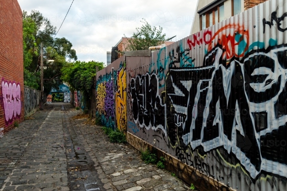 urban street scene with random graffiti - Australian Stock Image