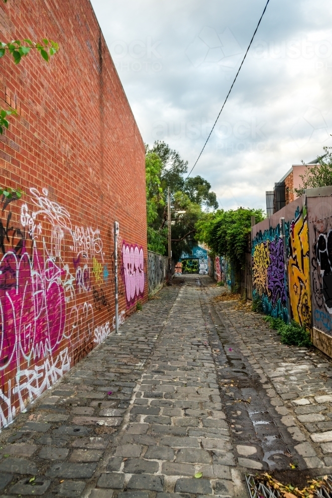 urban street scene with random graffiti - Australian Stock Image