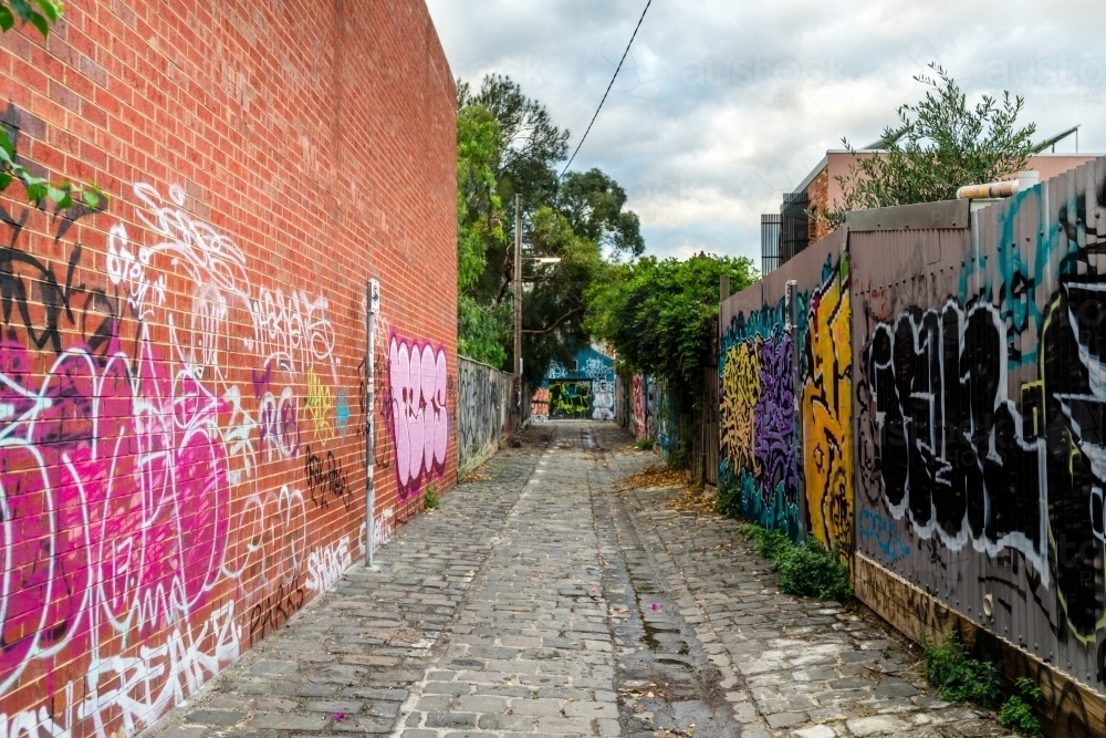 urban street scene with random graffiti - Australian Stock Image