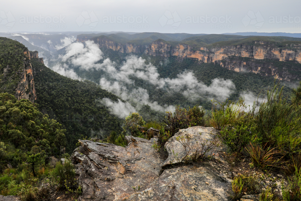 Valley and mountain landscape viewed from Anvil Hill Lookout in New South Wales - Australian Stock Image
