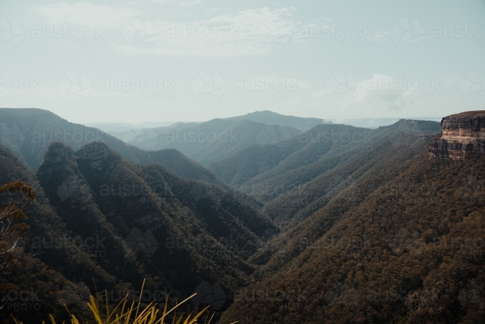 Valley view with mountains at Kanangra Walls Lookout on a sunny day - Australian Stock Image