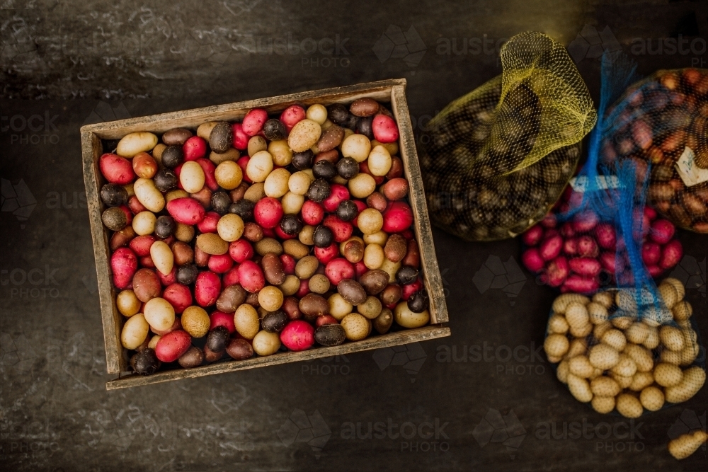 variety of potatoes boxed - Australian Stock Image