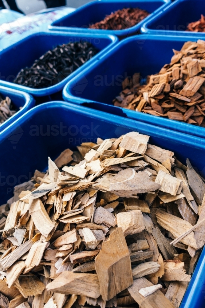 Variety of wood chips sample display. - Australian Stock Image