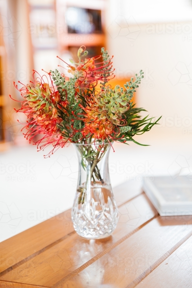 Image of Vase on coffee table with red grevillea flowers ...