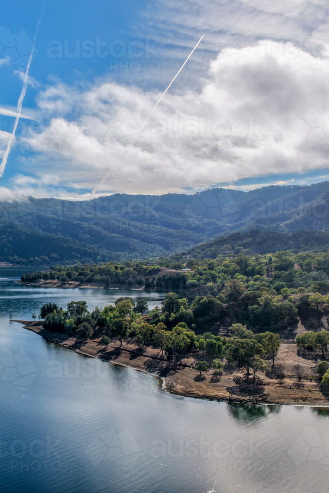 Vertical Aerial view of Glenbawn Dam and the surrounding shoreline - Australian Stock Image