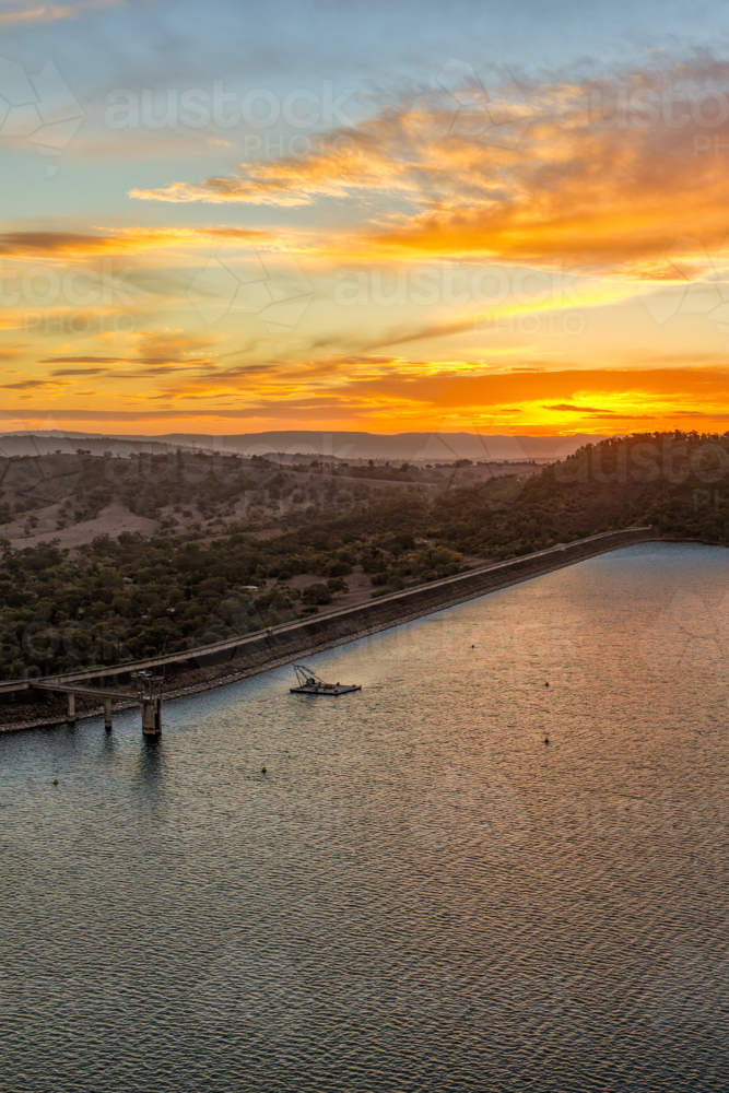 Vertical Aerial view of Glenbawn Dam at sunset in NSW Australia. - Australian Stock Image