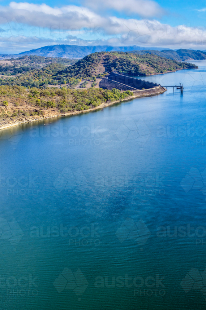 Vertical Aerial view of the Glenbawn Dam wall and surrounding landscape - Australian Stock Image
