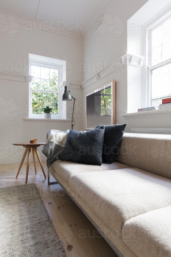 Vertical of luxury neutral interior designed living room - Australian Stock Image