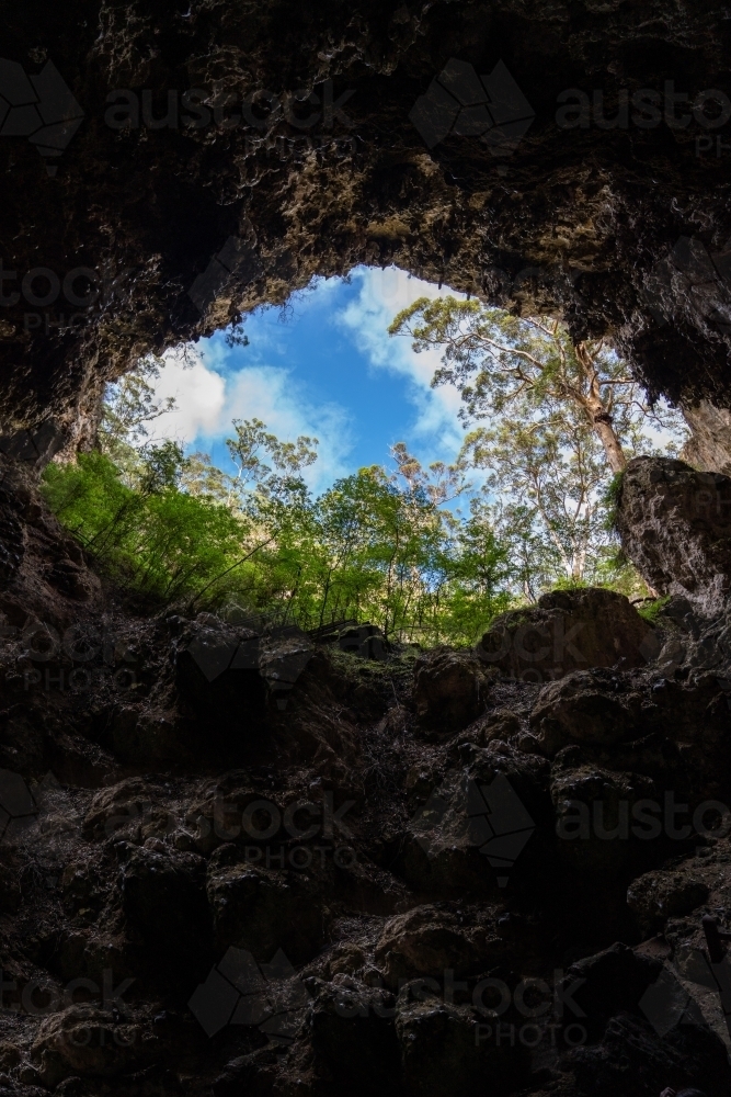 Looking up at the sky and green trees from the inside of Lake Cave, Margaret River - Australian Stock Image