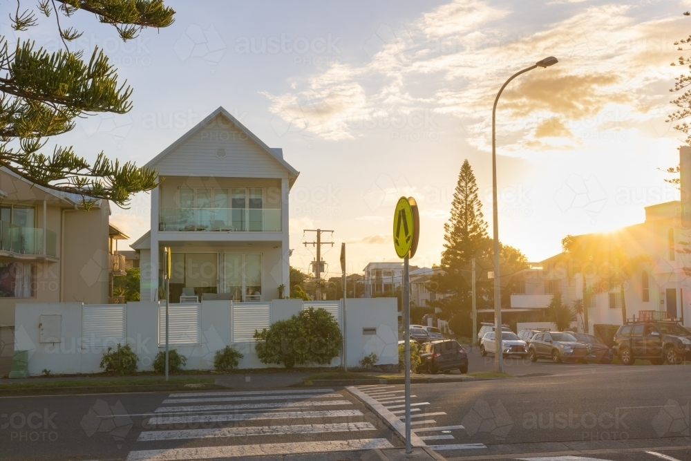 Vibrant sunset over road along Marine Parade at Miami on the Gold Coast - Australian Stock Image