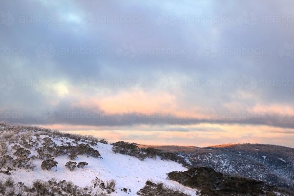 Victoria snow mountains at sunset - Australian Stock Image