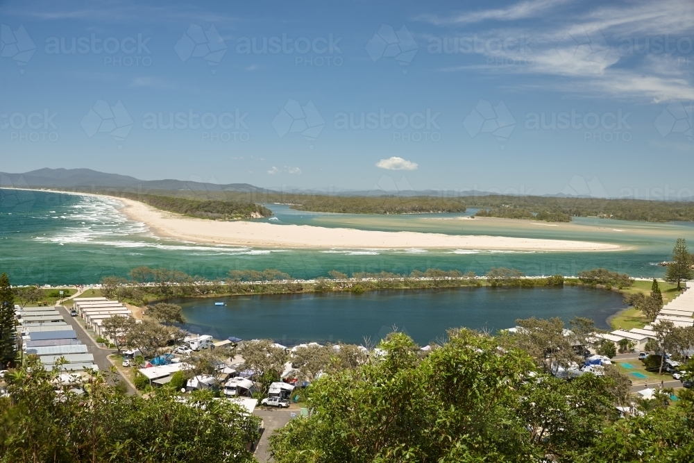 View above caravan park next to estuary - Australian Stock Image
