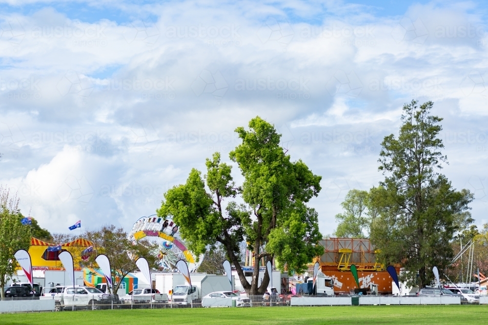 Sideshow Ride Ally Image of View across show ring to sideshow alley fairground rides ...