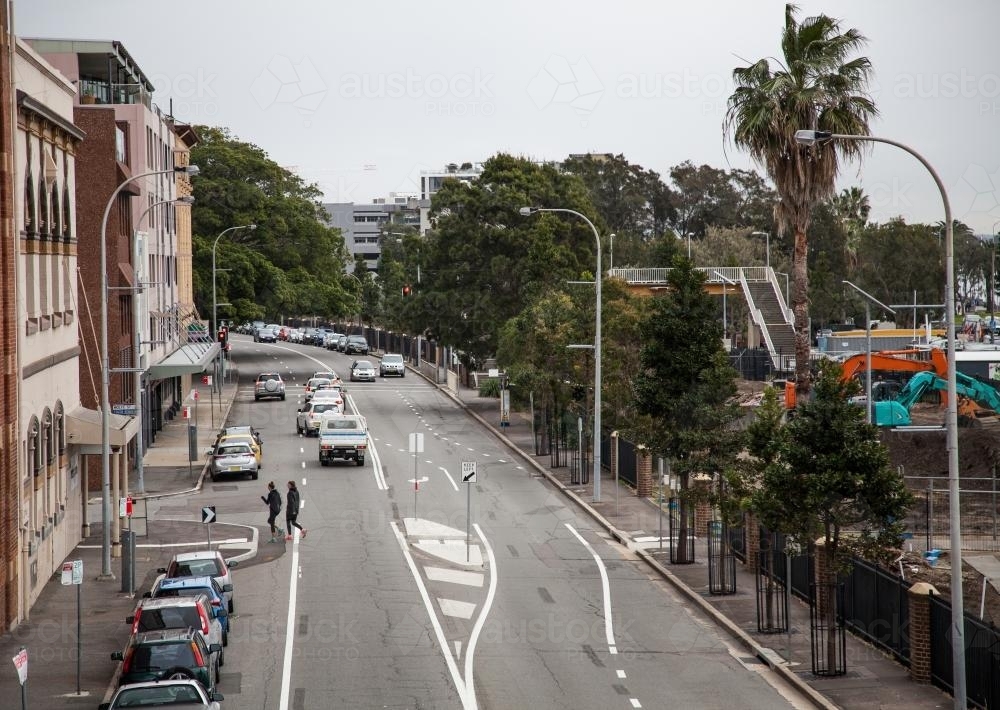 View along a street in Newcastle from overhead footbridge - Australian Stock Image