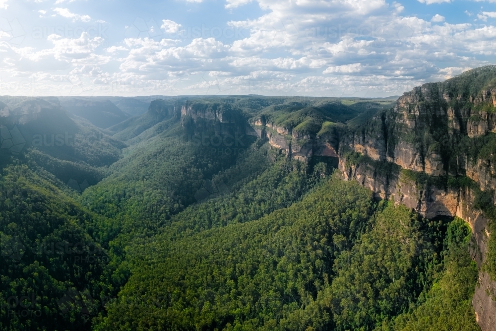 View down the Grose Valley in the NSW Blue Mountains with Mount Banks in foreground - Australian Stock Image