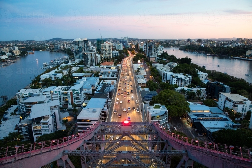 View from a top pillar of the Story Bridge looking south along the Bradfield Highway - Australian Stock Image