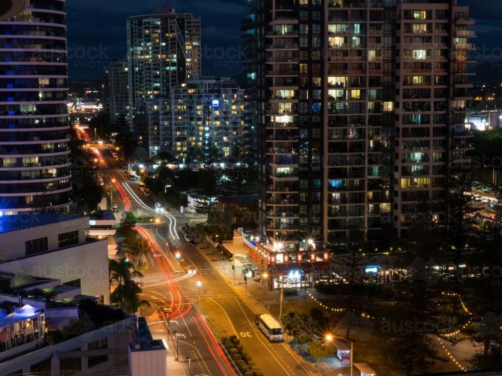View from above of high rise buildings and traffic in the evening - Australian Stock Image
