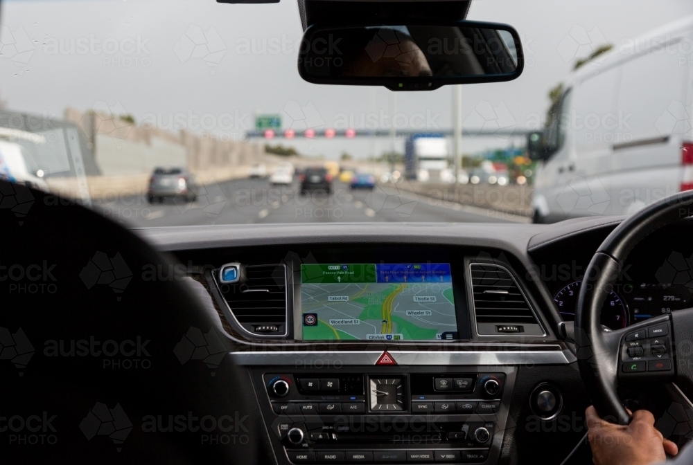 View from inside a taxi looking out at Melbourne traffic - Australian Stock Image