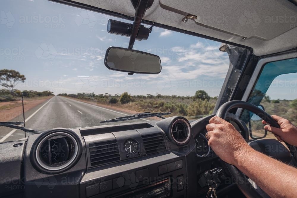 View from inside car on a road trip across the Nullarbor - Australian Stock Image