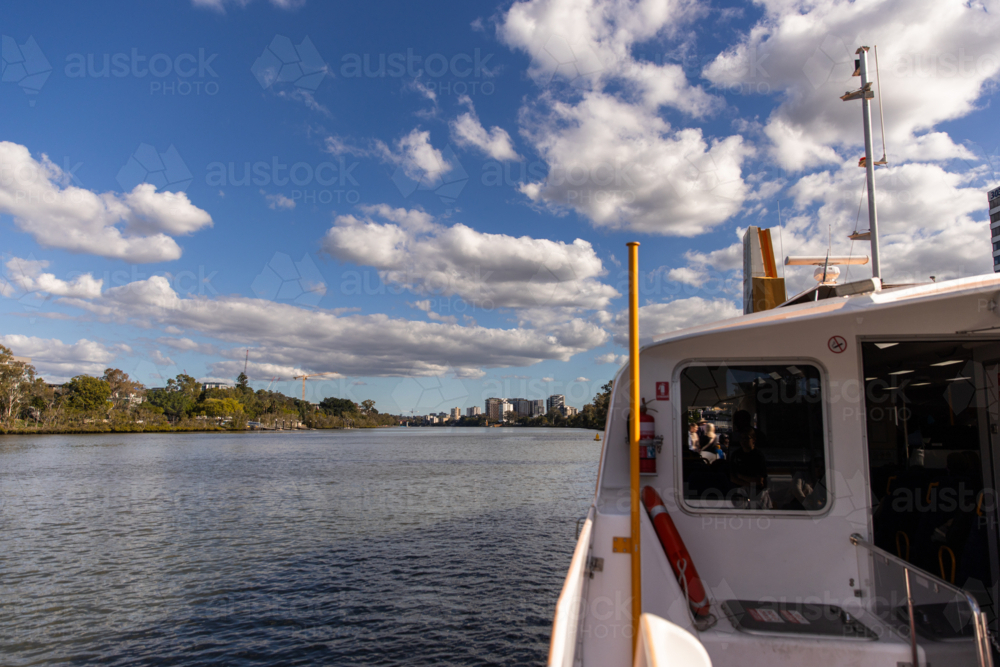 view from the back of a City Cat towards West End in Brisbane - Australian Stock Image