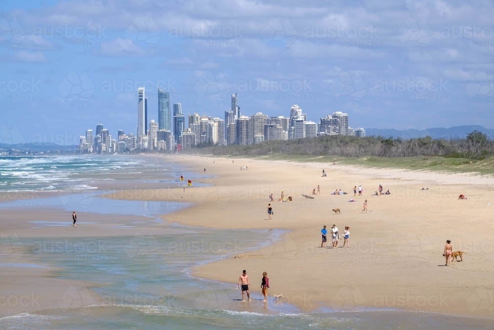 View from The Spit dog-friendly beach looking towards Surfers Paradise, Gold Coast - Australian Stock Image
