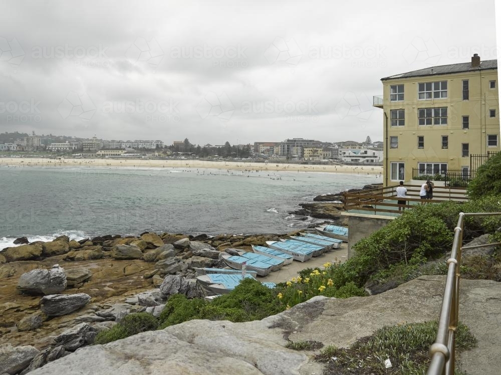 View of apartments and Bondi Beach on an overcast day - Australian Stock Image