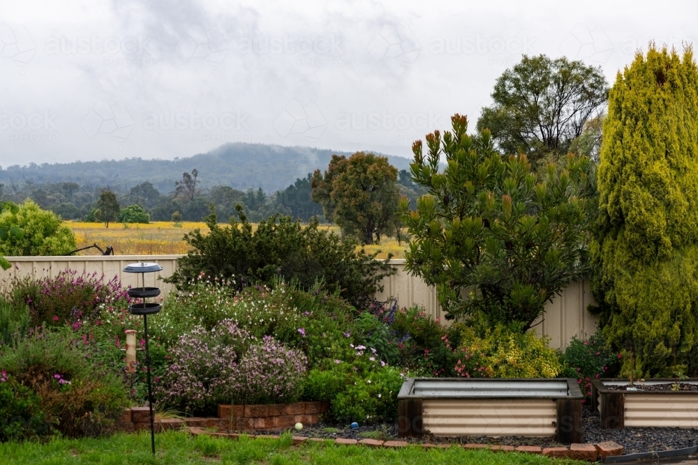 View of backyard garden with fields and misty mountains beyond - Australian Stock Image